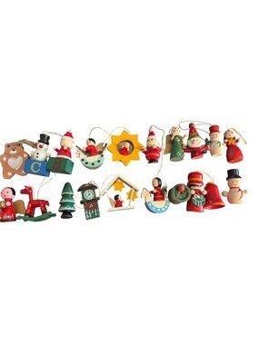 Set 20 Vintage Mini Wood Christmas Ornaments Strings All Different 2" - 2.5"